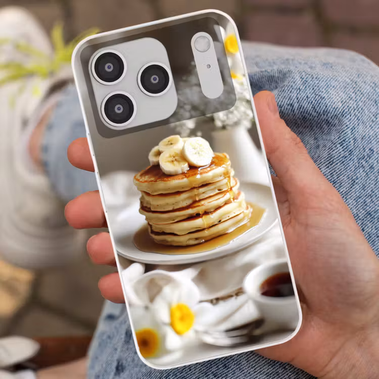 Pannenkoeken - Banaan - Siroop - Wit - Beige Telefoonhoesje iPhone 17 Pro klein -sfeer2