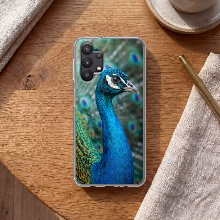 Pauw - Veren - Blauw Telefoonhoesje Samsung Galaxy A32 5G klein -sfeer1