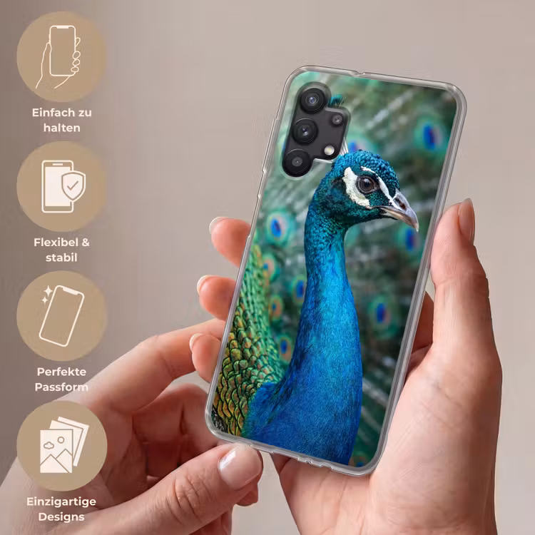 Pauw - Veren - Blauw Telefoonhoesje Samsung Galaxy A32 5G klein -sfeer3_DE
