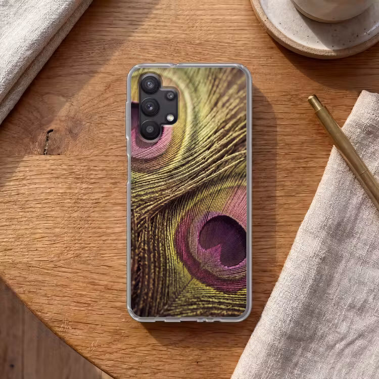 Pauw - Veren - Paars - Groen Telefoonhoesje Samsung Galaxy A32 5G klein -sfeer1