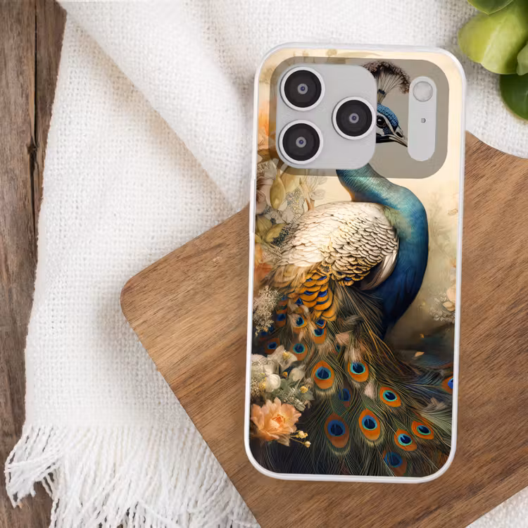 Pauw - Pauwenveren - Bloemen - Vogels - Botanisch Telefoonhoesje iPhone 17 Pro klein -sfeer1