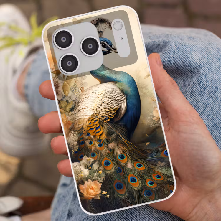 Pauw - Pauwenveren - Bloemen - Vogels - Botanisch Telefoonhoesje iPhone 17 Pro klein -sfeer2