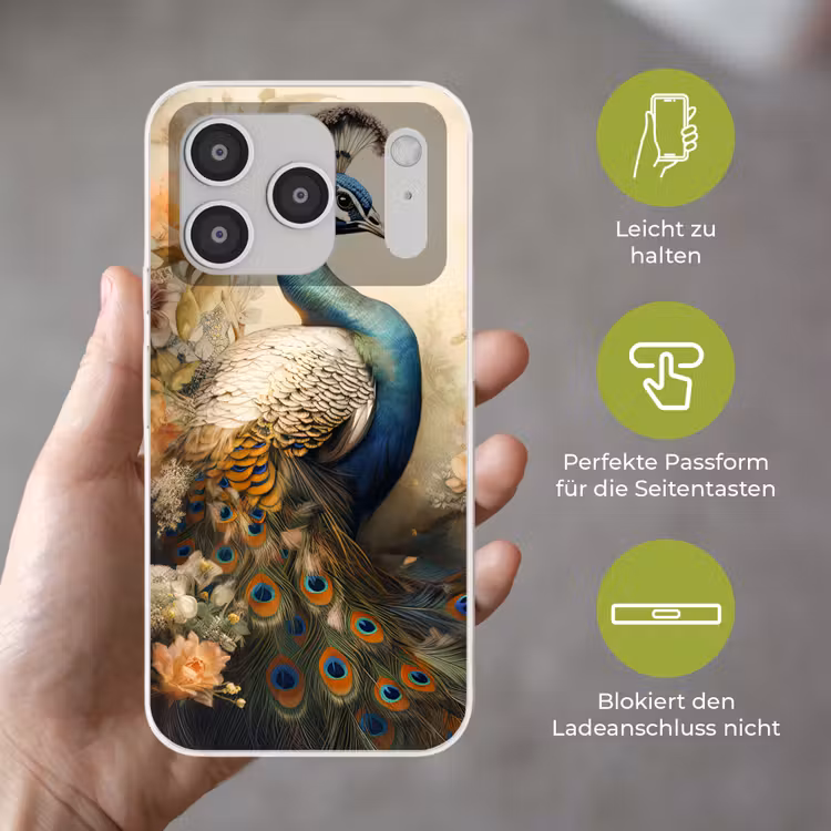 Pauw - Pauwenveren - Bloemen - Vogels - Botanisch Telefoonhoesje iPhone 17 Pro klein -sfeer3_DE