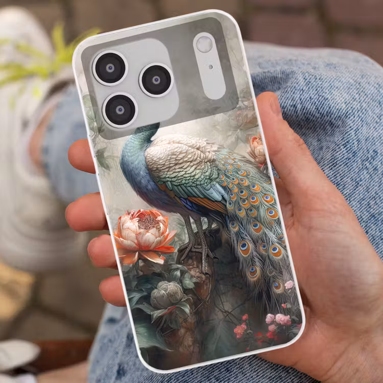 Pauw - Pauwenveren - Vogel - Jungle - Bloemen Telefoonhoesje iPhone 17 Pro klein -sfeer2