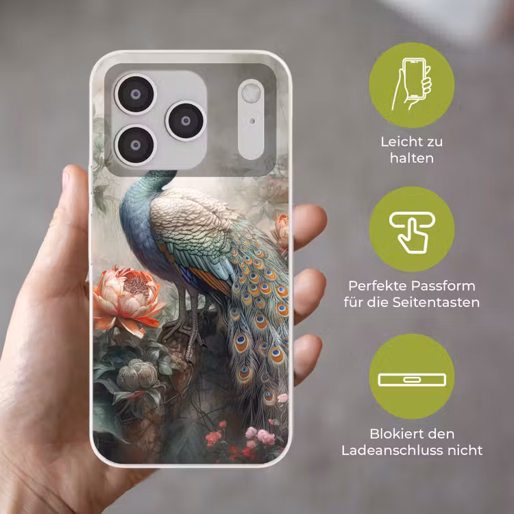 Pauw - Pauwenveren - Vogel - Jungle - Bloemen Telefoonhoesje iPhone 17 Pro klein -sfeer3_DE