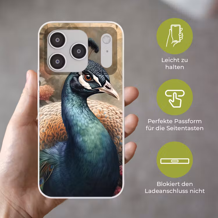 Pauw - Vogel - Bloemen - Planten - Pauwenveren Telefoonhoesje iPhone 17 Pro klein -sfeer3_DE