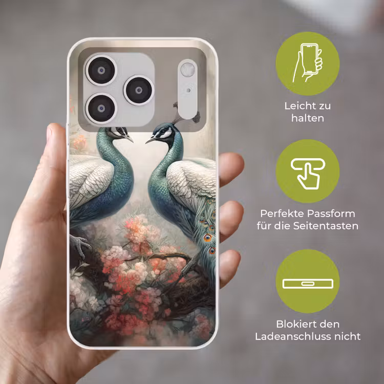 Pauwen - Pauwenveren - Vogels - Bloemen - Natuur Telefoonhoesje iPhone 17 Pro klein -sfeer3_DE