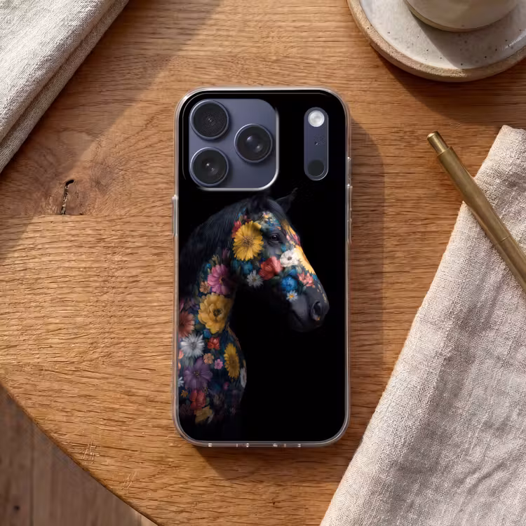 Paard - Bloemen - Zwart Telefoonhoesje iPhone 17 Pro klein -sfeer1