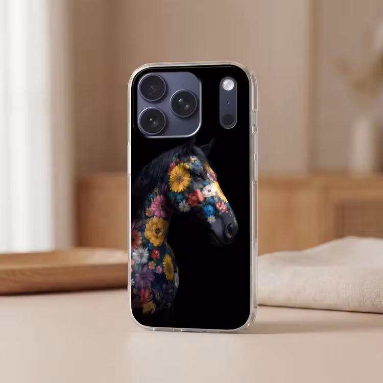 Paard - Bloemen - Zwart Telefoonhoesje iPhone 17 Pro klein -sfeer2