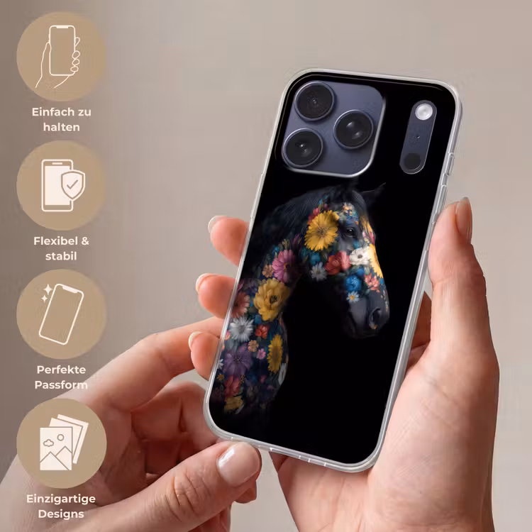 Paard - Bloemen - Zwart Telefoonhoesje iPhone 17 Pro klein -sfeer3_DE