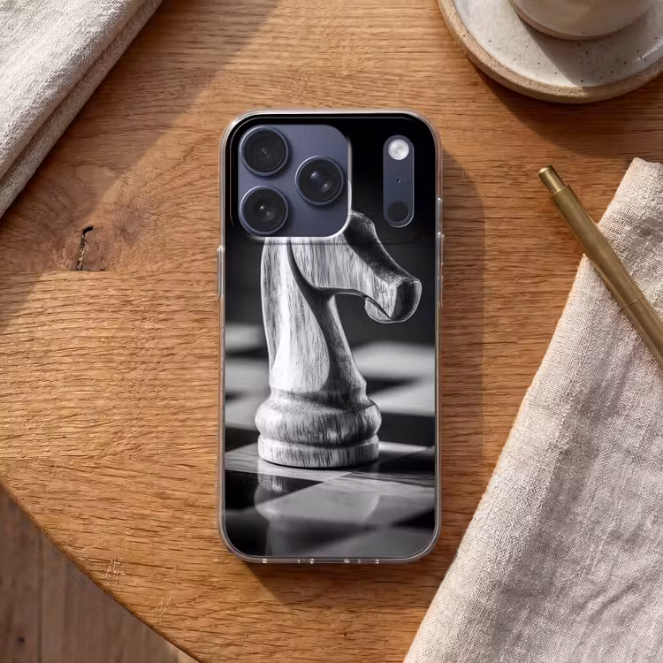 Paard - Hout - Schaalbord - Zwart Telefoonhoesje iPhone 17 Pro klein -sfeer1