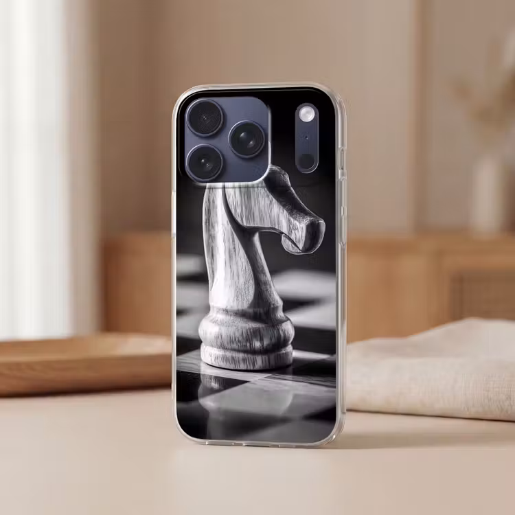 Paard - Hout - Schaalbord - Zwart Telefoonhoesje iPhone 17 Pro klein -sfeer2