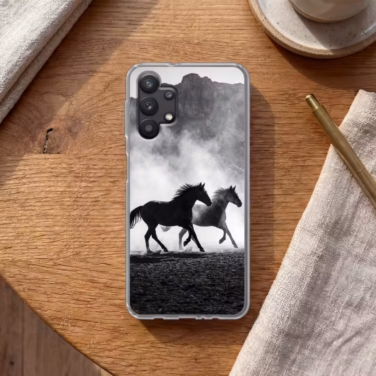 Paard - Ren - Stof - Zwart-wit - Dieren Telefoonhoesje Samsung Galaxy A32 5G klein -sfeer1