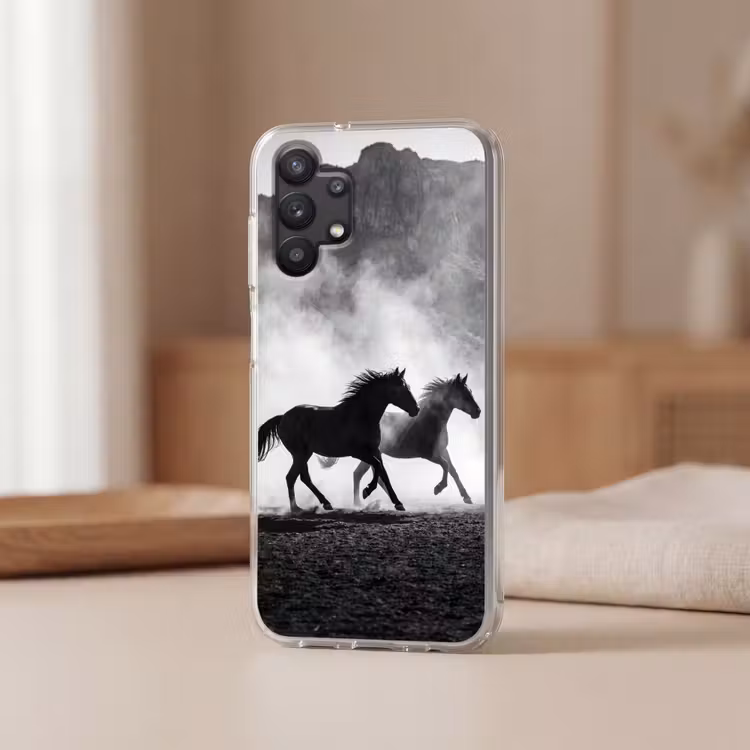 Paard - Ren - Stof - Zwart-wit - Dieren Telefoonhoesje Samsung Galaxy A32 5G klein -sfeer2