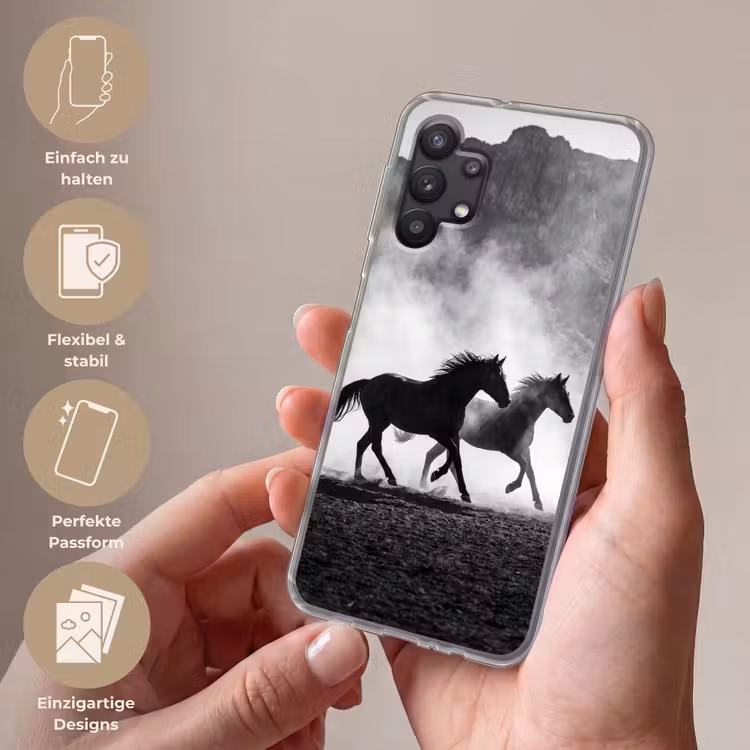 Paard - Ren - Stof - Zwart-wit - Dieren Telefoonhoesje Samsung Galaxy A32 5G klein -sfeer3_DE