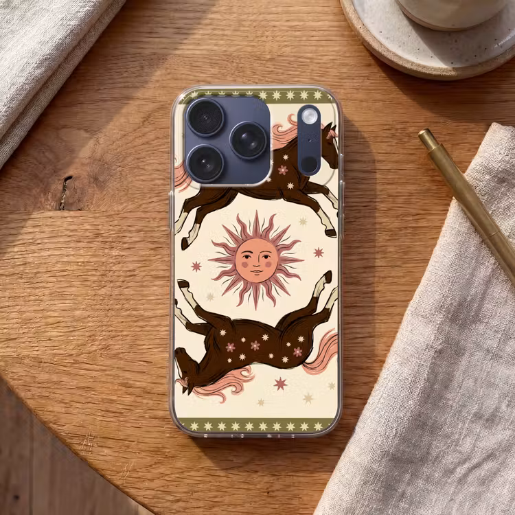 Paard - Zon - Mystiek - Illustratie - Roze Telefoonhoesje iPhone 17 Pro klein -sfeer1