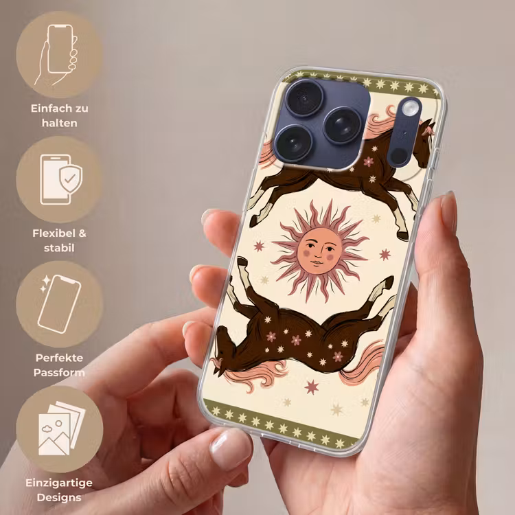Paard - Zon - Mystiek - Illustratie - Roze Telefoonhoesje iPhone 17 Pro klein -sfeer3_DE