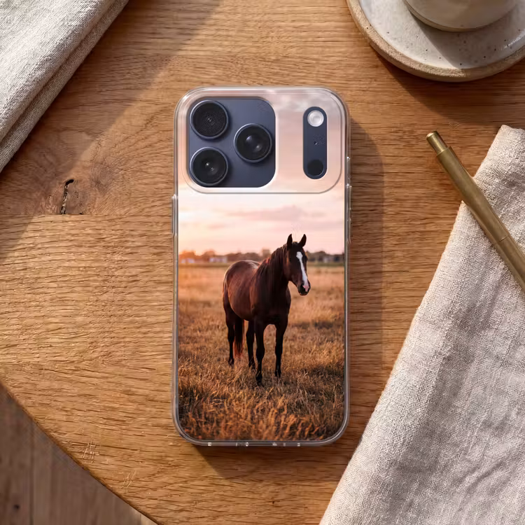 Paard - Zonsondergang - Bruin Telefoonhoesje iPhone 17 Pro klein -sfeer1