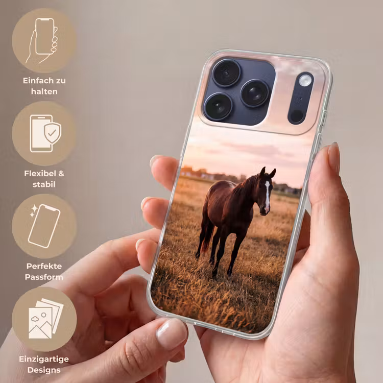 Paard - Zonsondergang - Bruin Telefoonhoesje iPhone 17 Pro klein -sfeer3_DE
