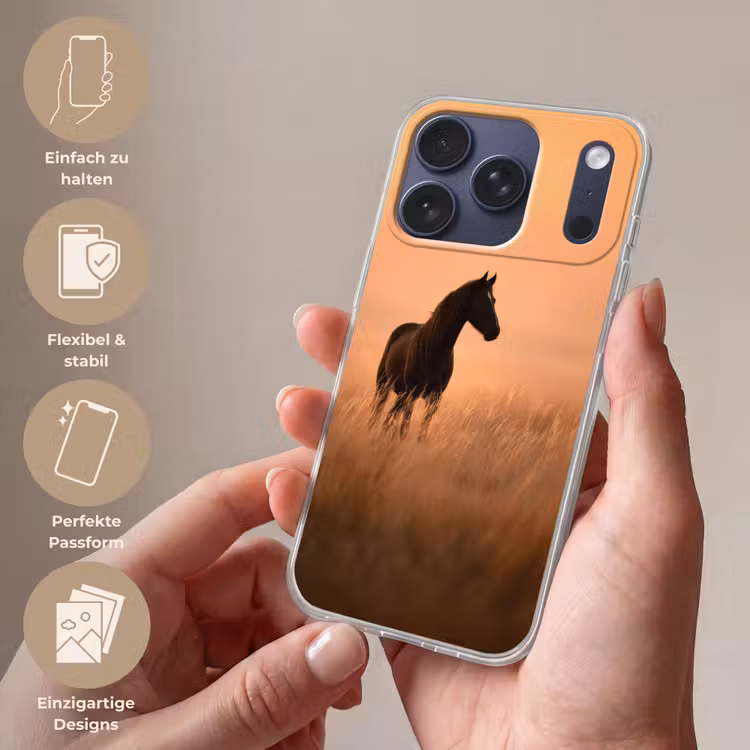 Paard - Grasveld - Zonsondergang Telefoonhoesje iPhone 17 Pro klein -sfeer3_DE