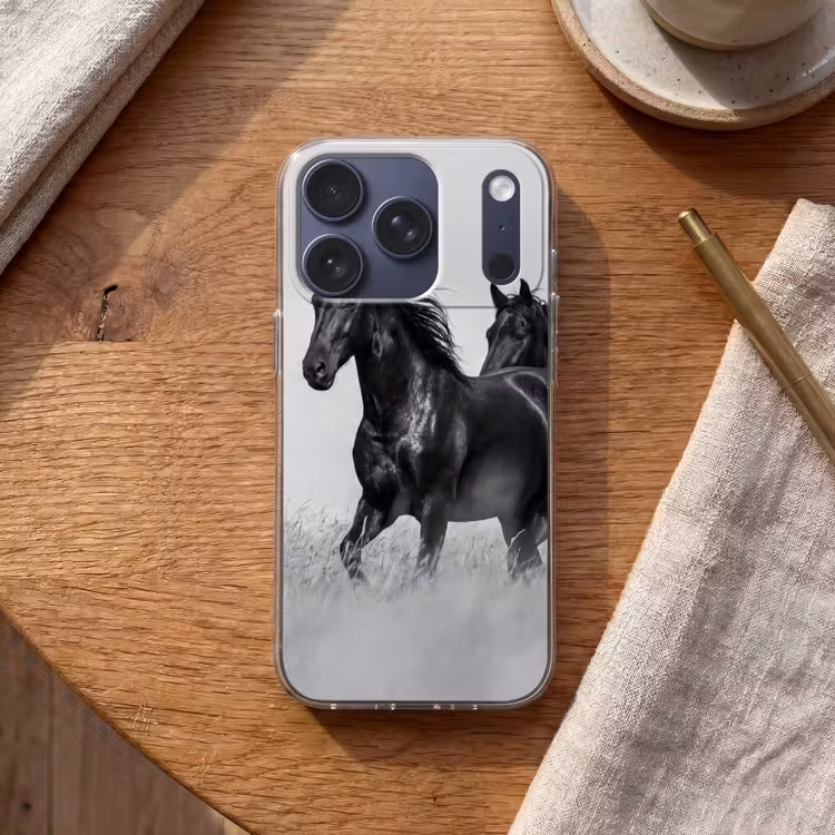 Paarden - Gras - Zwart - Wit Telefoonhoesje iPhone 17 Pro klein -sfeer1