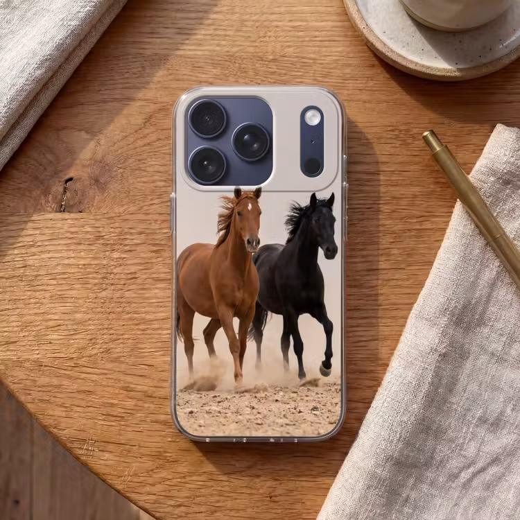 Kudde paarden - Stofwolk - Bruin - Zwart Telefoonhoesje iPhone 17 Pro klein -sfeer1