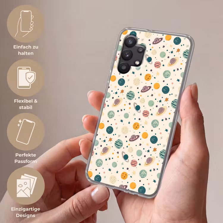 Planeten - Retro - Kleurrijk Telefoonhoesje Samsung Galaxy A32 5G klein 346 -sfeer3_DE