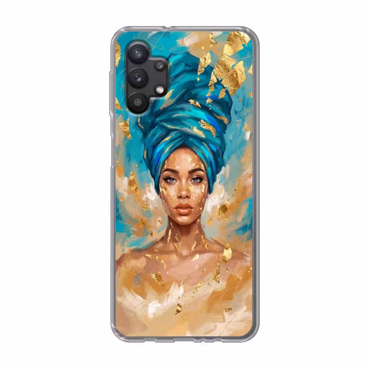 Portret - Vrouw - Schilderij - Blauw - Goud - Expressief Telefoonhoesje Samsung Galaxy A32 5G klein -3d