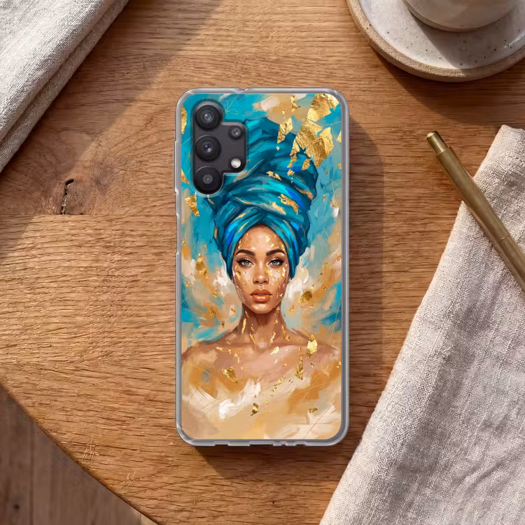 Portret - Vrouw - Schilderij - Blauw - Goud - Expressief Telefoonhoesje Samsung Galaxy A32 5G klein -sfeer1
