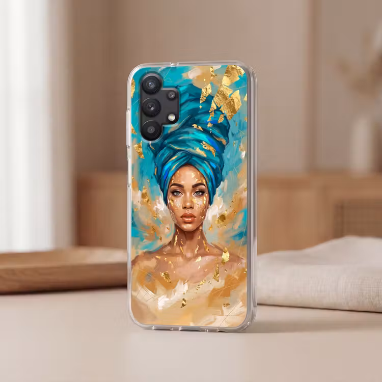 Portret - Vrouw - Schilderij - Blauw - Goud - Expressief Telefoonhoesje Samsung Galaxy A32 5G klein -sfeer2