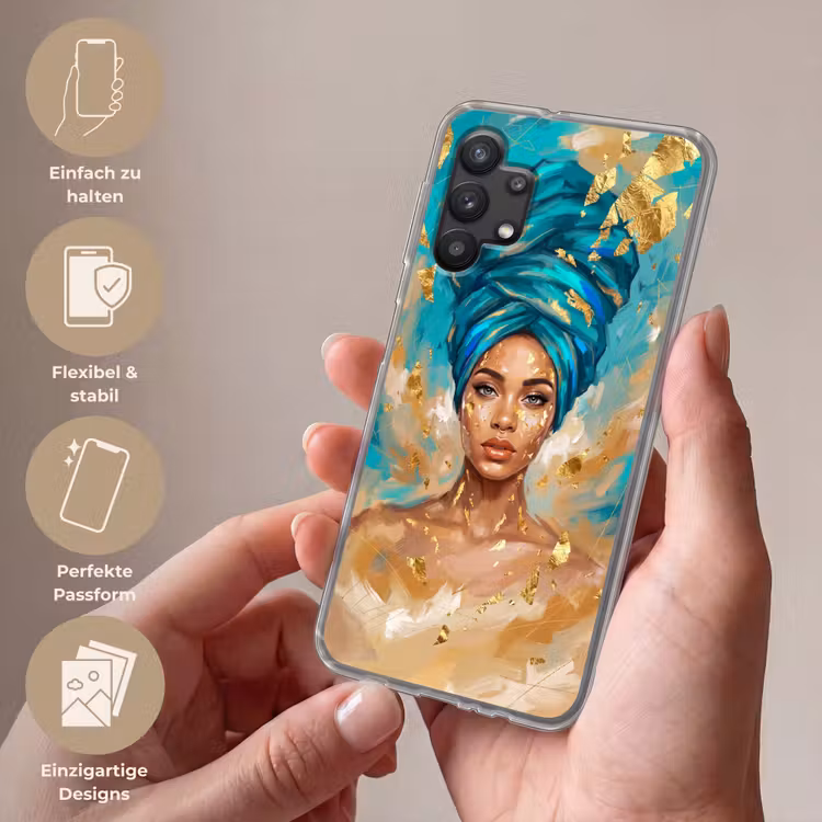 Portret - Vrouw - Schilderij - Blauw - Goud - Expressief Telefoonhoesje Samsung Galaxy A32 5G klein -sfeer3_DE