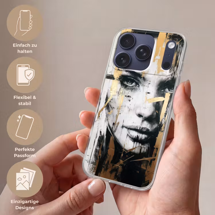 Portret - Vrouw - Penseelstreken - Goud Telefoonhoesje iPhone 17 Pro klein -sfeer3_DE