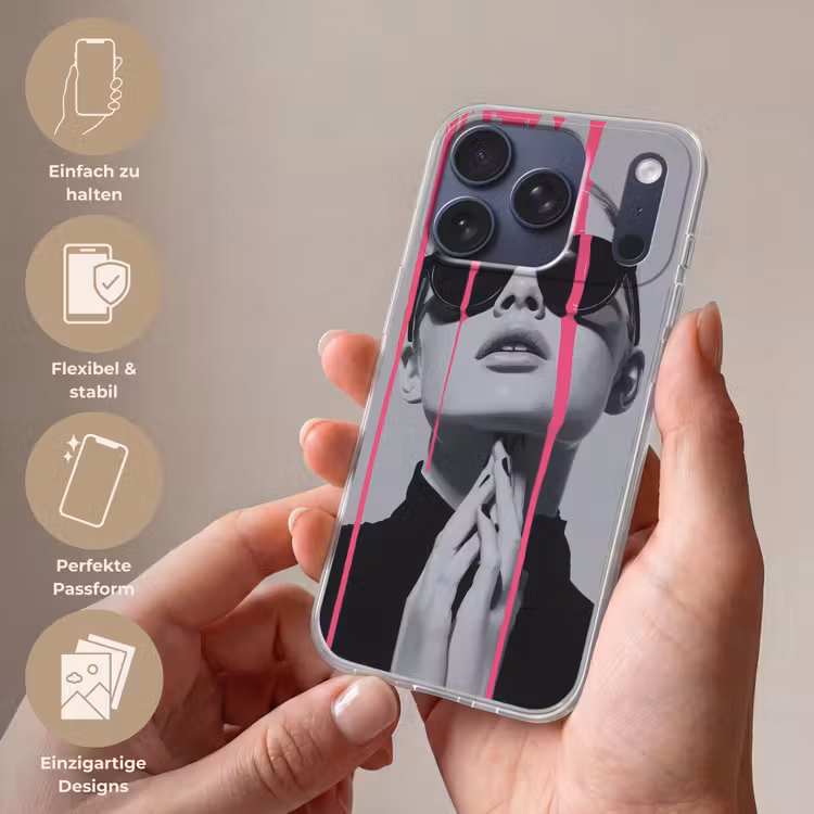Portret - Vrouw - Zonnebril - Verfdruppels Telefoonhoesje iPhone 17 Pro klein -sfeer3_DE
