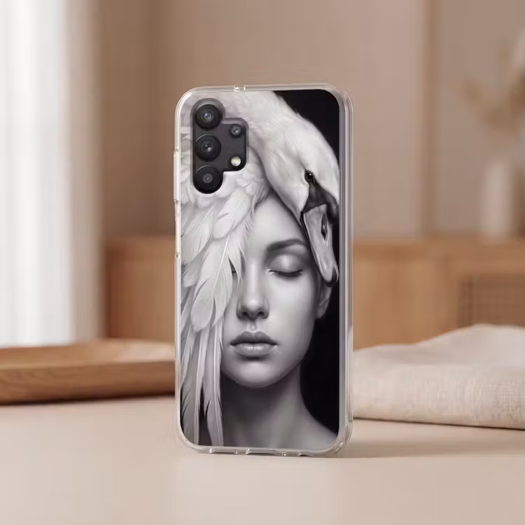 Portret - Zwaan - Zwart - Wit Telefoonhoesje Samsung Galaxy A32 5G klein -sfeer2