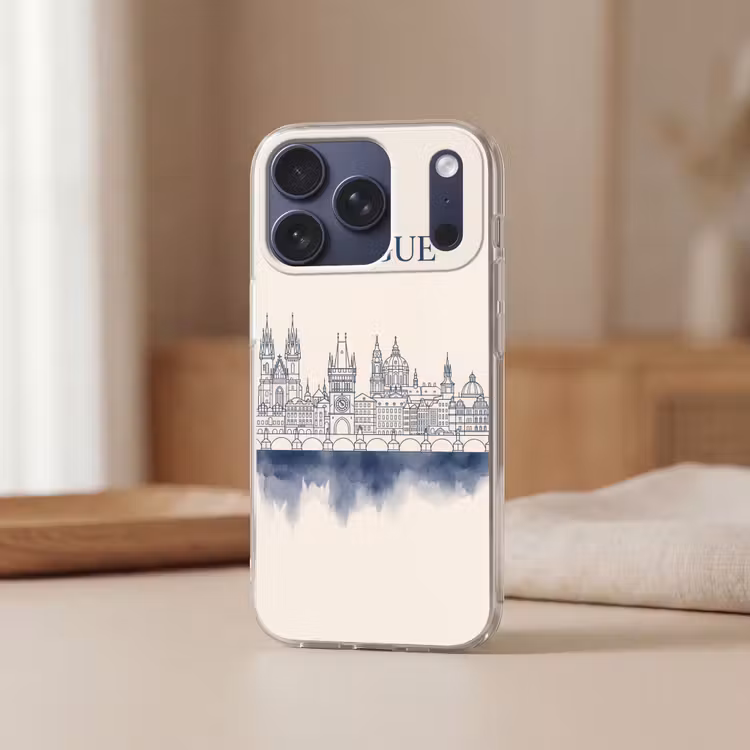 Praag - Skyline - Architectuur - Blauw Telefoonhoesje iPhone 17 Pro klein -sfeer2