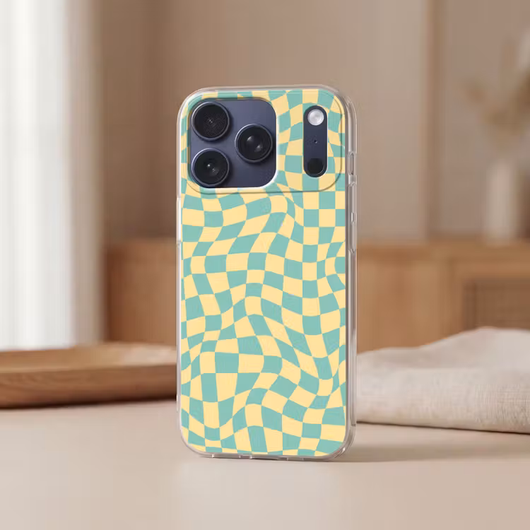 Hokjes patroon - Geel - Blauw - Golvende lijnen Telefoonhoesje iPhone 17 Pro klein -sfeer2