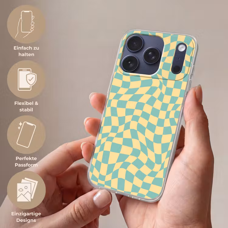 Hokjes patroon - Geel - Blauw - Golvende lijnen Telefoonhoesje iPhone 17 Pro klein -sfeer3_DE
