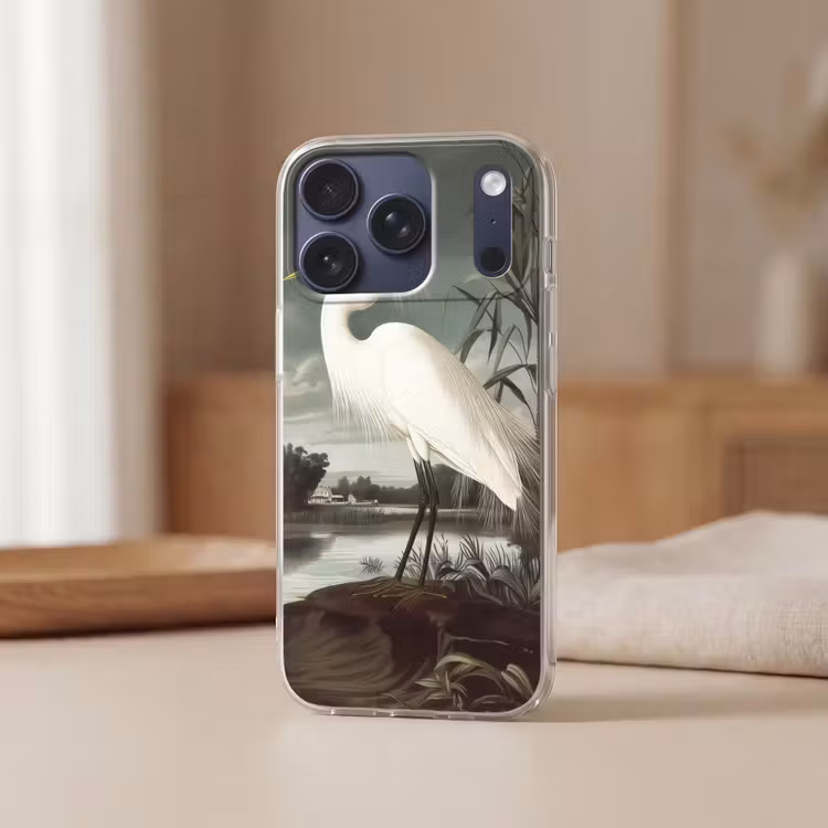 Reiger - Planten - Wolken - Wit Telefoonhoesje iPhone 17 Pro klein -sfeer2