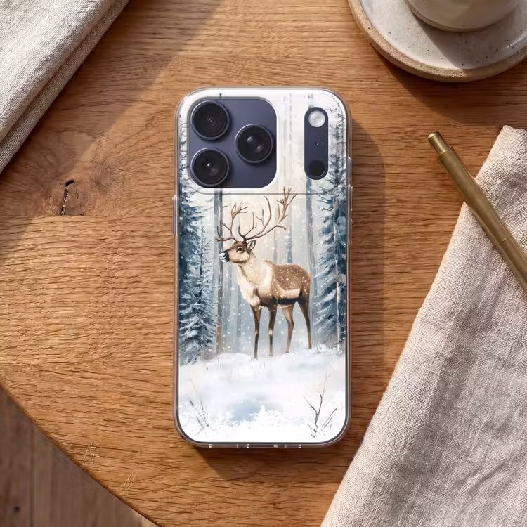 Rendier - Sneeuw - Woud - Wit Telefoonhoesje iPhone 17 Pro klein -sfeer1