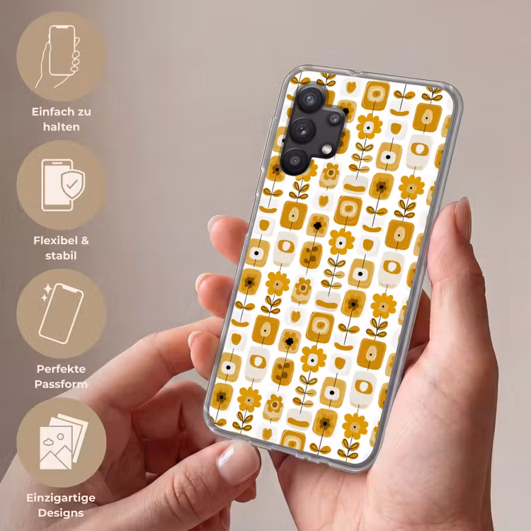 Retro - Abstract - Bloemen - Okergeel Telefoonhoesje Samsung Galaxy A32 5G klein 346 -sfeer3_DE