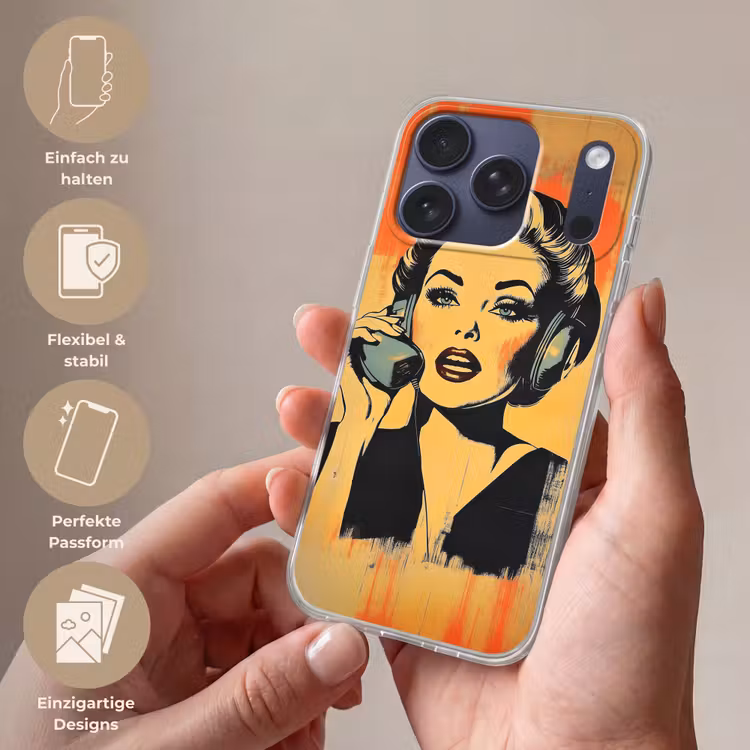 Retro - Vrouw - Koptelefoon - Oranje Telefoonhoesje iPhone 17 Pro klein -sfeer3_DE