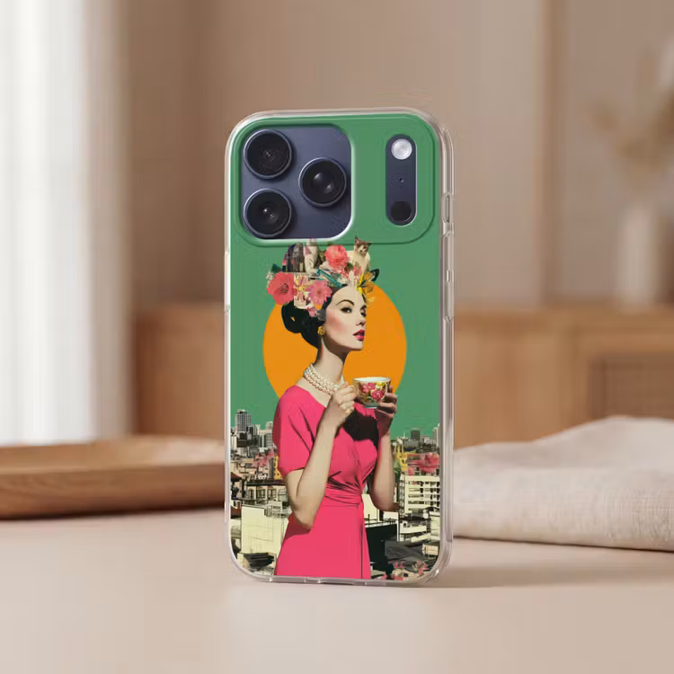 Retro - Vrouw - Stad - Zon Telefoonhoesje iPhone 17 Pro klein -sfeer2