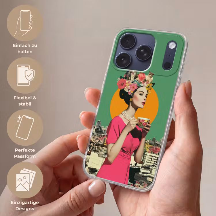 Retro - Vrouw - Stad - Zon Telefoonhoesje iPhone 17 Pro klein -sfeer3_DE
