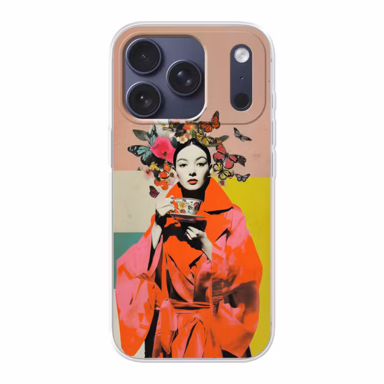 Retro - Vrouw - Kopje - Vlinders Telefoonhoesje iPhone 17 Pro klein -3d
