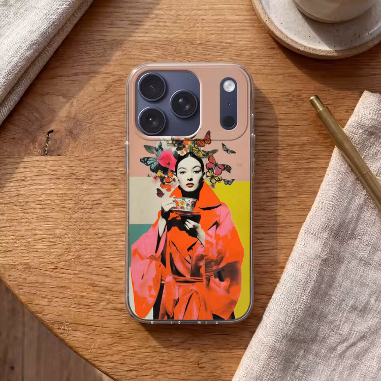 Retro - Vrouw - Kopje - Vlinders Telefoonhoesje iPhone 17 Pro klein -sfeer1