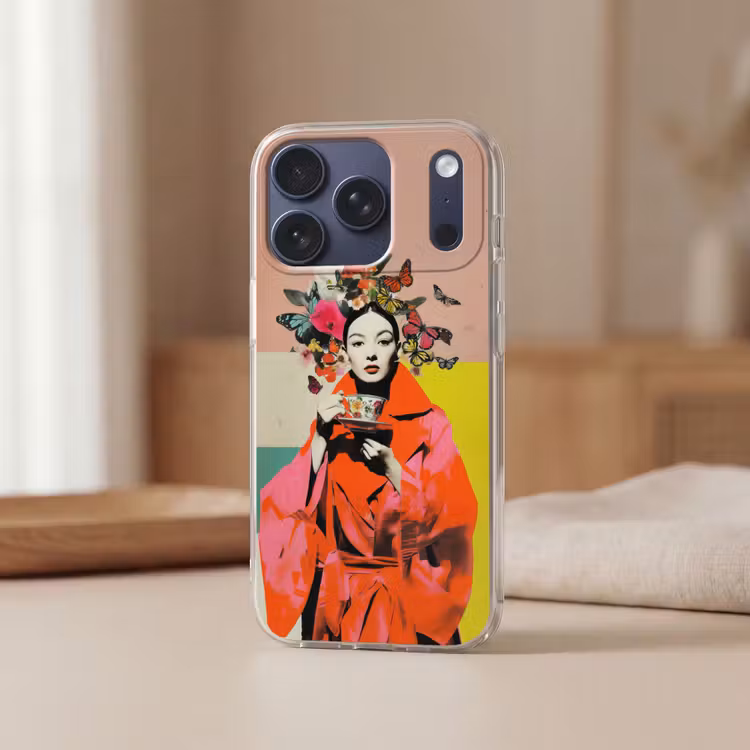Retro - Vrouw - Kopje - Vlinders Telefoonhoesje iPhone 17 Pro klein -sfeer2