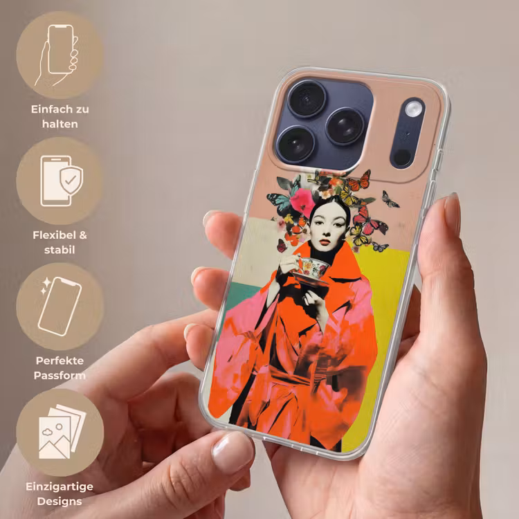 Retro - Vrouw - Kopje - Vlinders Telefoonhoesje iPhone 17 Pro klein -sfeer3_DE