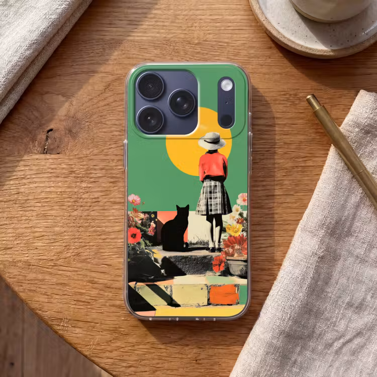 Retro - Meisje - Kat - Zon Telefoonhoesje iPhone 17 Pro klein -sfeer1
