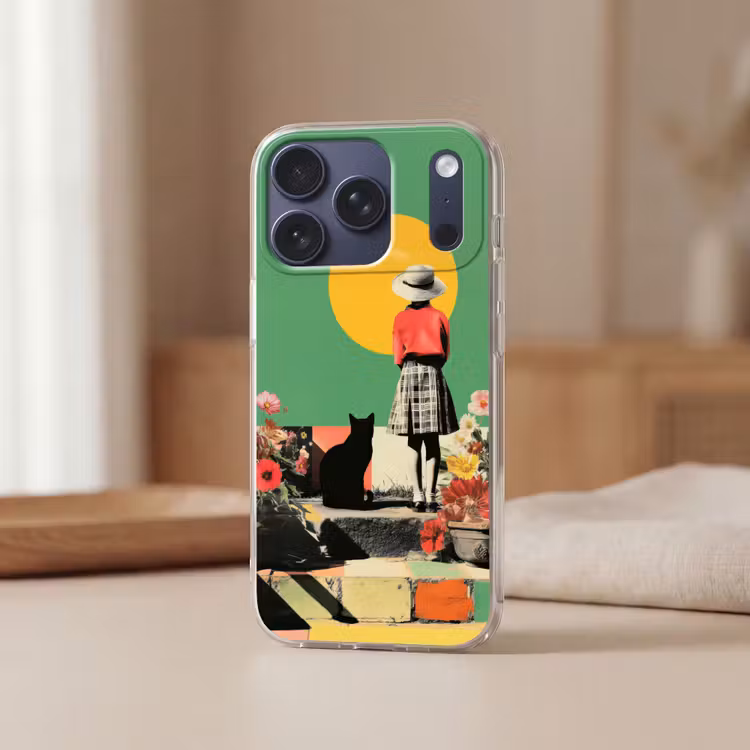 Retro - Meisje - Kat - Zon Telefoonhoesje iPhone 17 Pro klein -sfeer2
