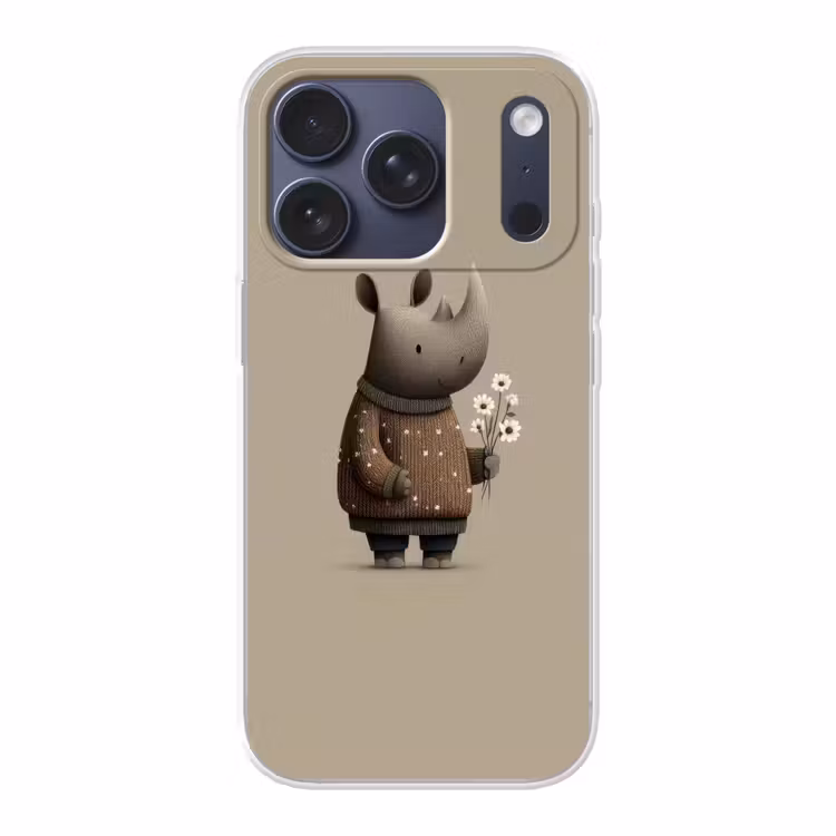 Neushoorn - Witte bloemen - Lief Telefoonhoesje iPhone 17 Pro klein -3d